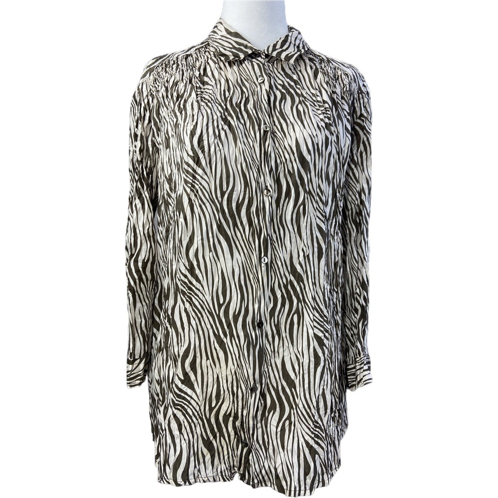Gerard Darel Womens 44 Brown Zebra Print Button Up 3/4 Sleeve Tunic Top M121